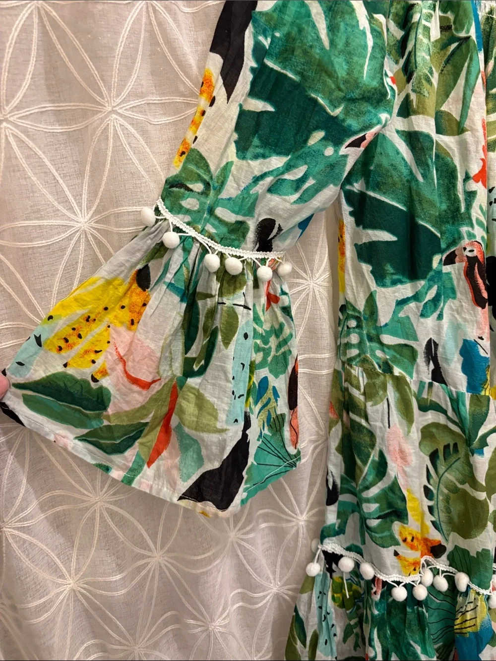 True Destinations Tropical Bird Print Smocked Dress- Green & Yellow - Picture 5 of 8